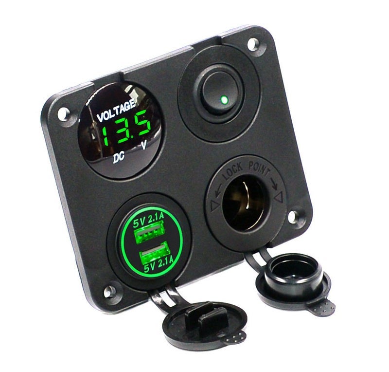 Cllena Dual USB Socket Charger 2.1A&2.1A + LED Voltmeter + 12V Power Outlet + ON-OFF Toggle Switch Four Functions Panel for Car Boat Marine RV Truck Camper Vehicles GPS Mobiles (Green) - Image 1
